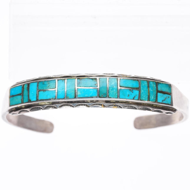6.25" vintage Zuni sterling silver channel inlay stamped edge cuff bracelet