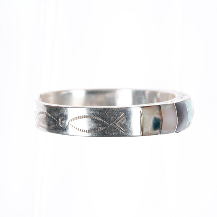 6.1" vintage Zuni sterling silver stone/shell inlay stamped cuff bracelet