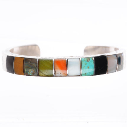6.1" vintage Zuni sterling silver stone/shell inlay stamped cuff bracelet