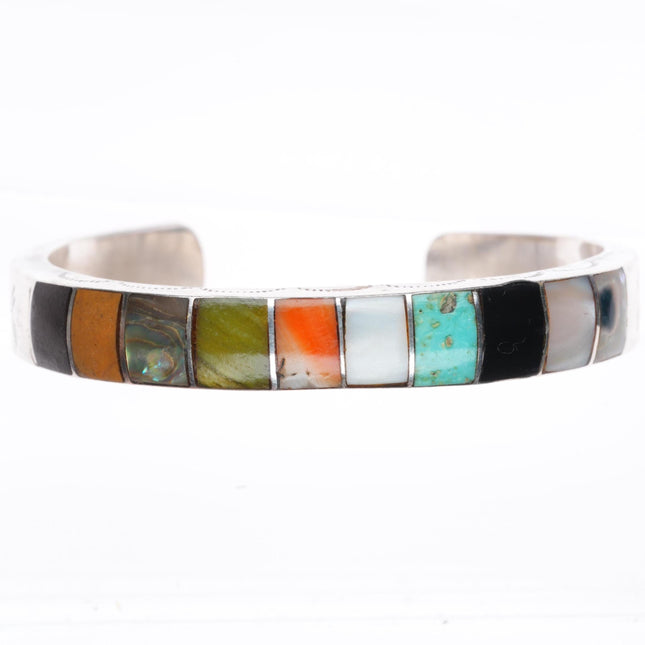 6.1" vintage Zuni sterling silver stone/shell inlay stamped cuff bracelet