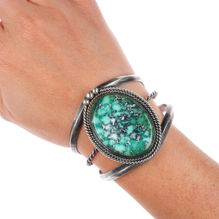 6" vintage Navajo sterling silver green waterweb turquoise cuff bracelet