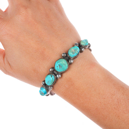 6.4" vintage Navajo sterling silver turquoise  nugget row cuff bracelet
