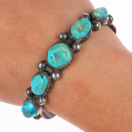 6.4" vintage Navajo sterling silver turquoise  nugget row cuff bracelet