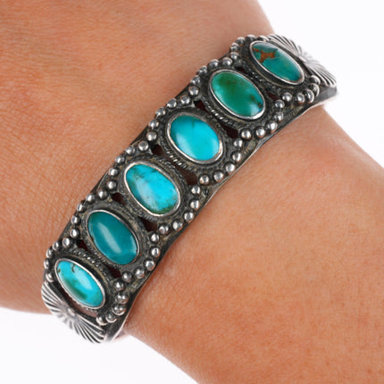 6.5" 1930's vintage Navajo carinated sterling silver turquoise row cuff bracelet