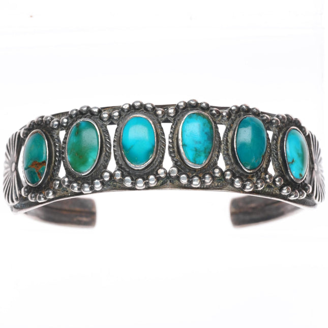 6.5" 1930's vintage Navajo carinated sterling silver turquoise row cuff bracelet