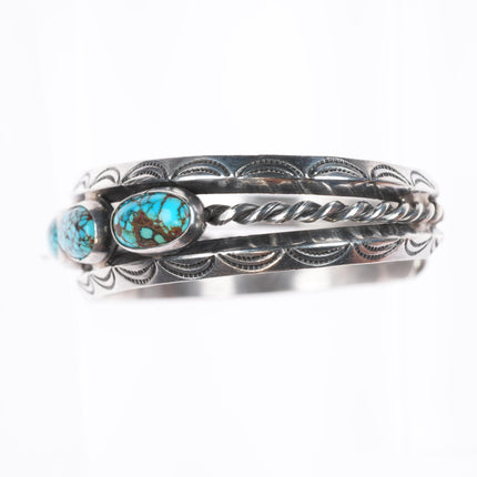 6" c1940 vintage Navajo carinated sterling silver #8 turquoise row cuff bracelet