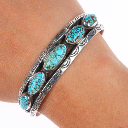 6" c1940 vintage Navajo carinated sterling silver #8 turquoise row cuff bracelet