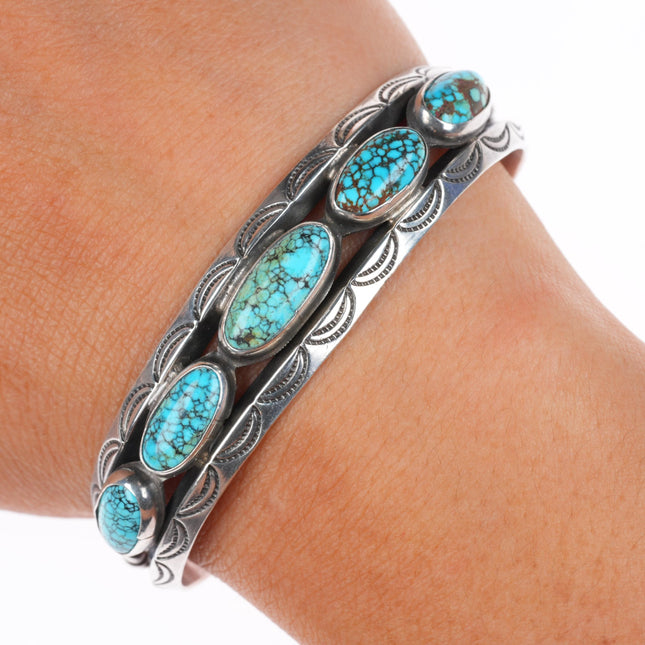 6" c1940 vintage Navajo carinated sterling silver #8 turquoise row cuff bracelet