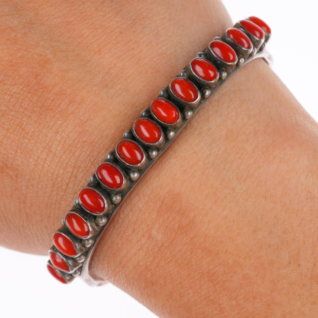 6.2" vintage LF Navajo sterling silver high grade coral row cuff bracelet