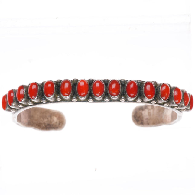 6.2" vintage LF Navajo sterling silver high grade coral row cuff bracelet