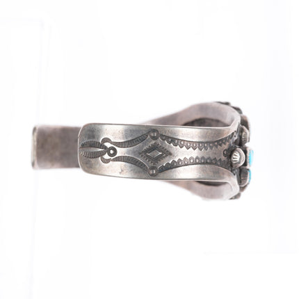 6.5" c1930's vintage Navajo stamped ingot silver turquoise cluster cuff bracelet