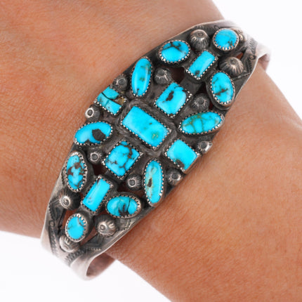 6.5" c1930's vintage Navajo stamped ingot silver turquoise cluster cuff bracelet