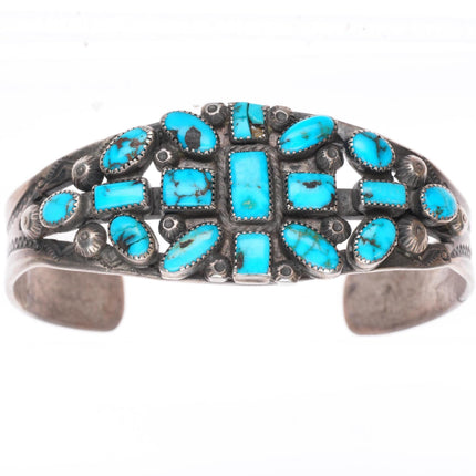 6.5" c1930's vintage Navajo stamped ingot silver turquoise cluster cuff bracelet