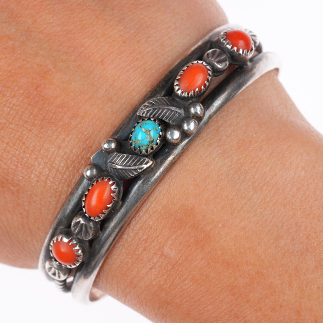 6.5" Vintage Eunice Claw Navajo sterling silver turquoise/coral cuff bracelet