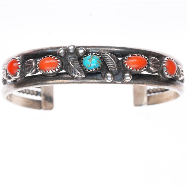 6.5" Vintage Eunice Claw Navajo sterling silver turquoise/coral cuff bracelet