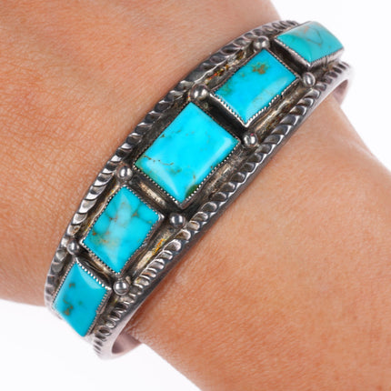 6.25" c1940's vintage Navajo stamped sterling silver turquoise row cuff bracelet