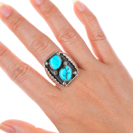 sz9.5 vintage Navajo sterling silver 2 stone turquoise ring