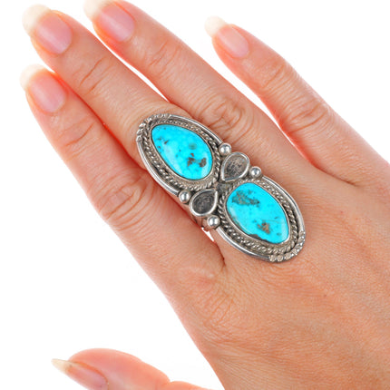 sz7.5 long vintage Navajo sterling silver 2 stone turquoise ring