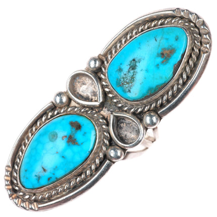 sz7.5 long vintage Navajo sterling silver 2 stone turquoise ring