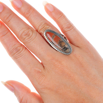 sz6.75 vintage Navajo sterling silver petrified wood ring with beaded edge