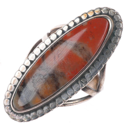 sz6.75 vintage Navajo sterling silver petrified wood ring with beaded edge