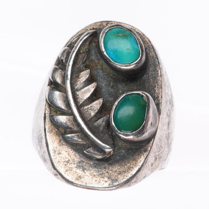sz8.5 vintage Navajo sterling silver turquoise 2 stone feather ring