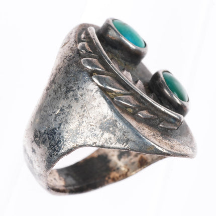 sz8.5 vintage Navajo sterling silver turquoise 2 stone feather ring