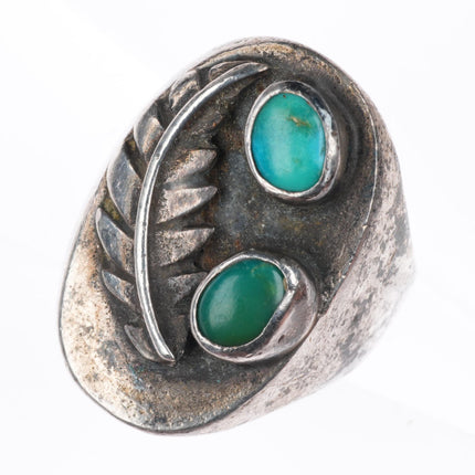 sz8.5 vintage Navajo sterling silver turquoise 2 stone feather ring