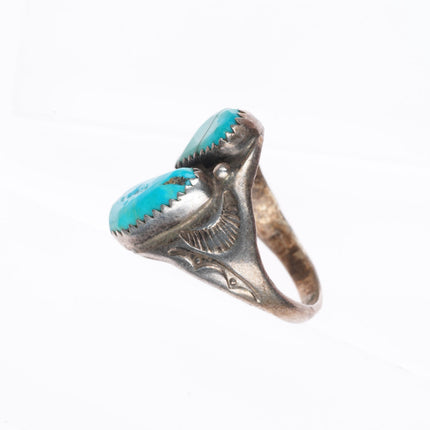 sz8.5 vintage Navajo sterling silver 2 stone ring with stamped sides