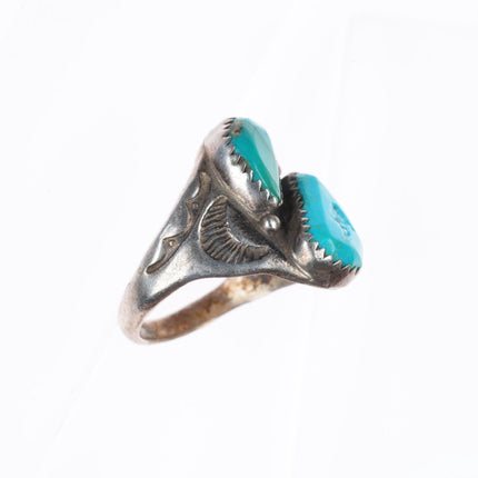 sz8.5 vintage Navajo sterling silver 2 stone ring with stamped sides