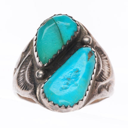 sz8.5 vintage Navajo sterling silver 2 stone ring with stamped sides
