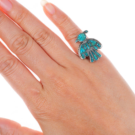 sz4.75 vintage Navajo sterling silver chip inlay thunderbird ring