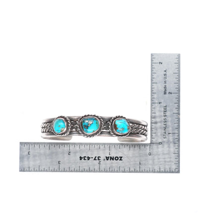 6.4" vintage Navajo sterling silver twisted wire turquoise cuff bracelet 3 stone