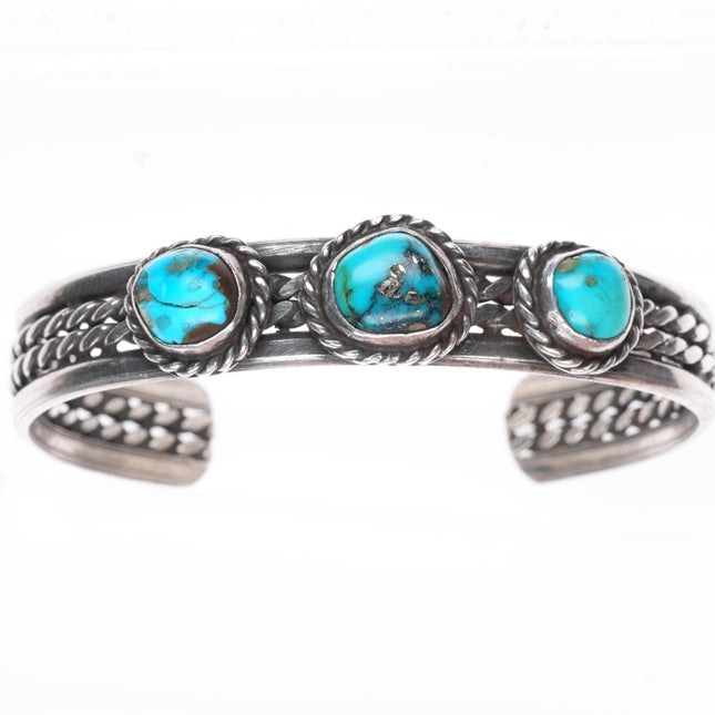 6.4" vintage Navajo sterling silver twisted wire turquoise cuff bracelet 3 stone