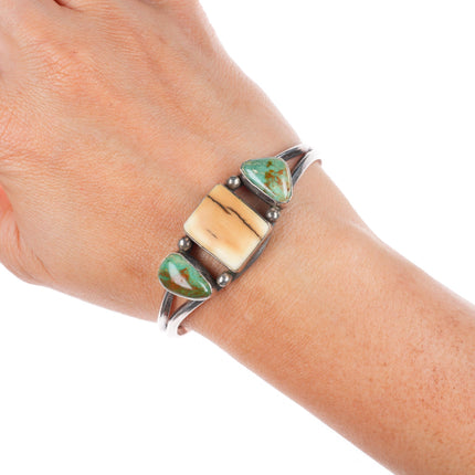 6.5" JM Navajo vintage sterling silver green turquoise/antler cuff bracelet