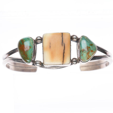 6.5" JM Navajo vintage sterling silver green turquoise/antler cuff bracelet