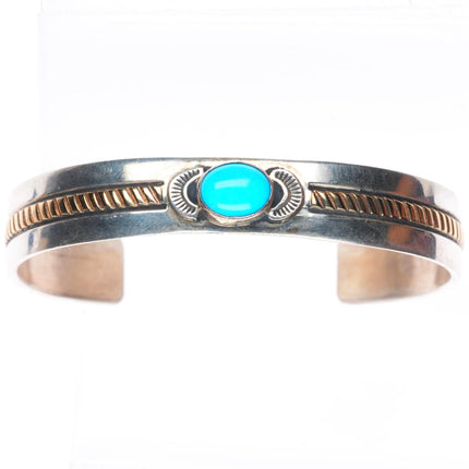 7.1" Rick Enriquez Navajo 14k gold sterling silver turquoise cuff bracelet