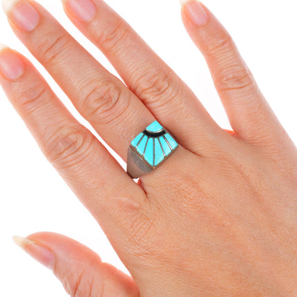 sz10 Amy Quandelacy Zuni sterling silver turquoise channel inlay sun ring