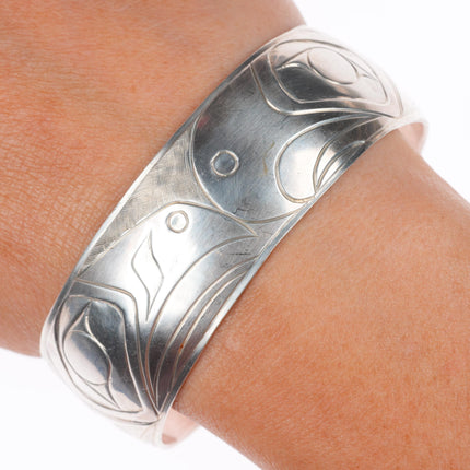 6.9" Owen Walker Northwest Coast sterling silver carved cuff bracelet LoveBirds