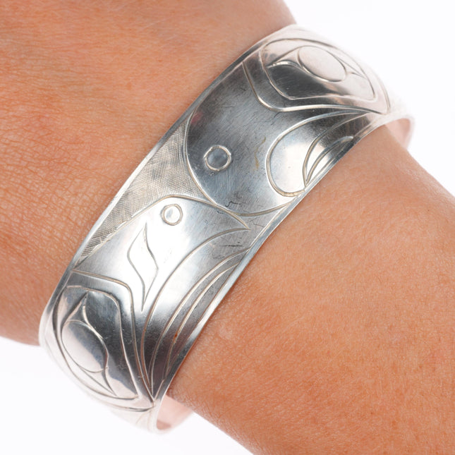 6.9" Owen Walker Northwest Coast sterling silver carved cuff bracelet LoveBirds
