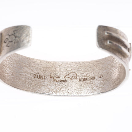 5.75" Myron Panteah Zuni 14k gold sterling silver petroglyph cuff bracelet