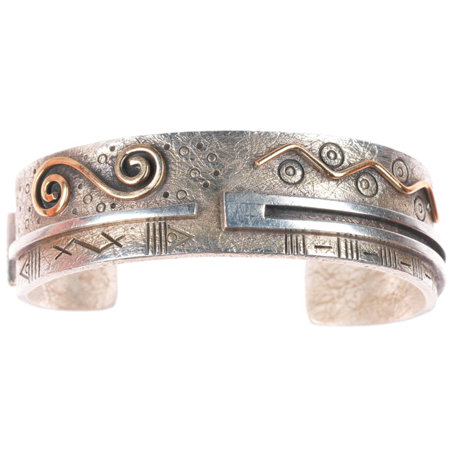 5.75" Myron Panteah Zuni 14k gold sterling silver petroglyph cuff bracelet