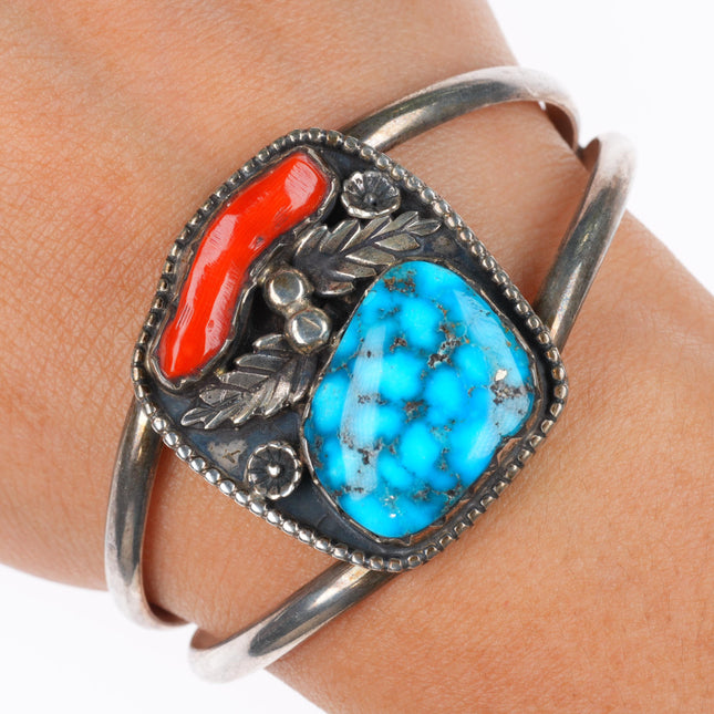 6.6" vintage Navajo sterling silver  turquoise and coral cuff bracelet