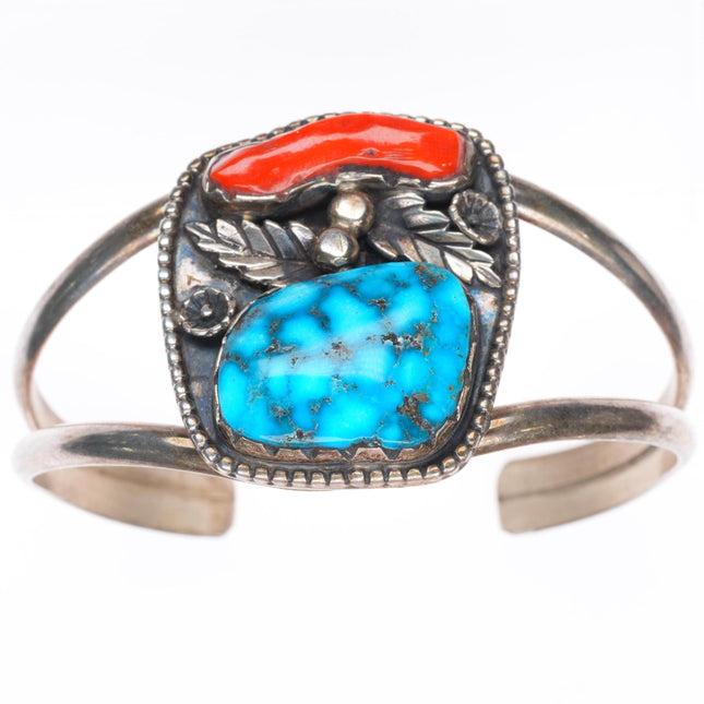 6.6" vintage Navajo sterling silver  turquoise and coral cuff bracelet