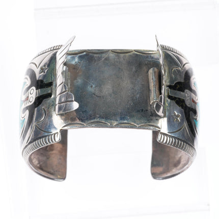 7.25" vintage Navajo sterling silver chip inlay peyote bird watch cuff bracelet