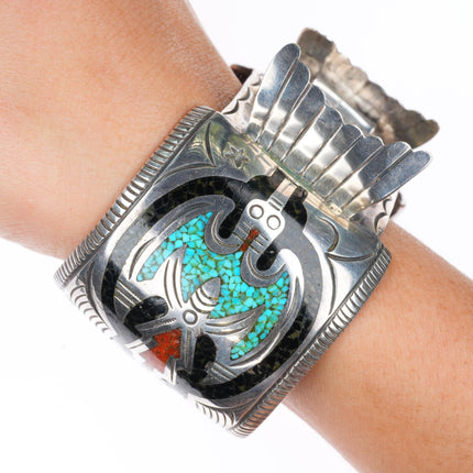 7.25" vintage Navajo sterling silver chip inlay peyote bird watch cuff bracelet