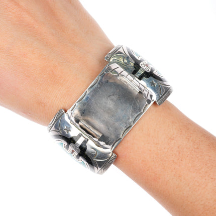 7.25" vintage Navajo sterling silver chip inlay peyote bird watch cuff bracelet
