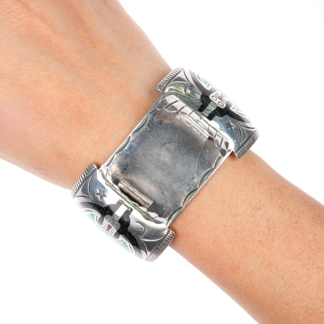 7.25" vintage Navajo sterling silver chip inlay peyote bird watch cuff bracelet
