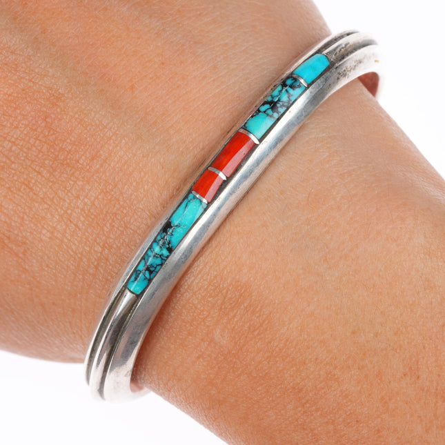 6.25" vintage Zuni sterling silver turquoise/coral inlay cuff bracelet