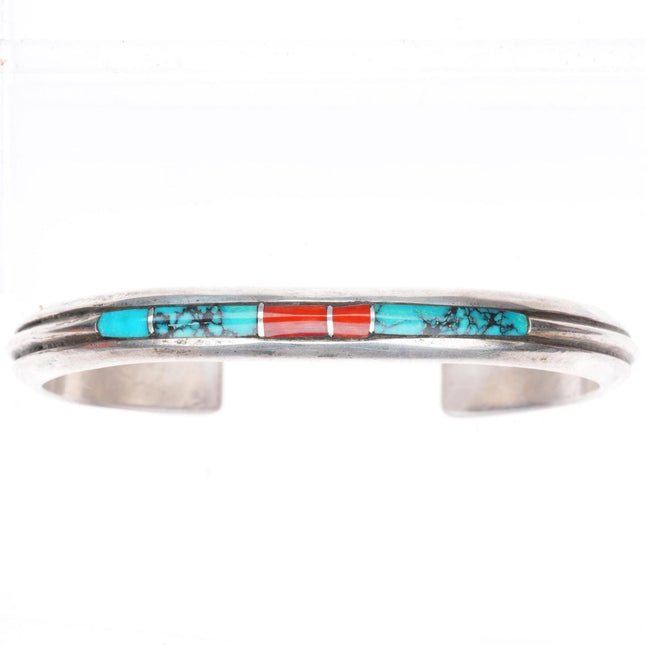 6.25" vintage Zuni sterling silver turquoise/coral inlay cuff bracelet